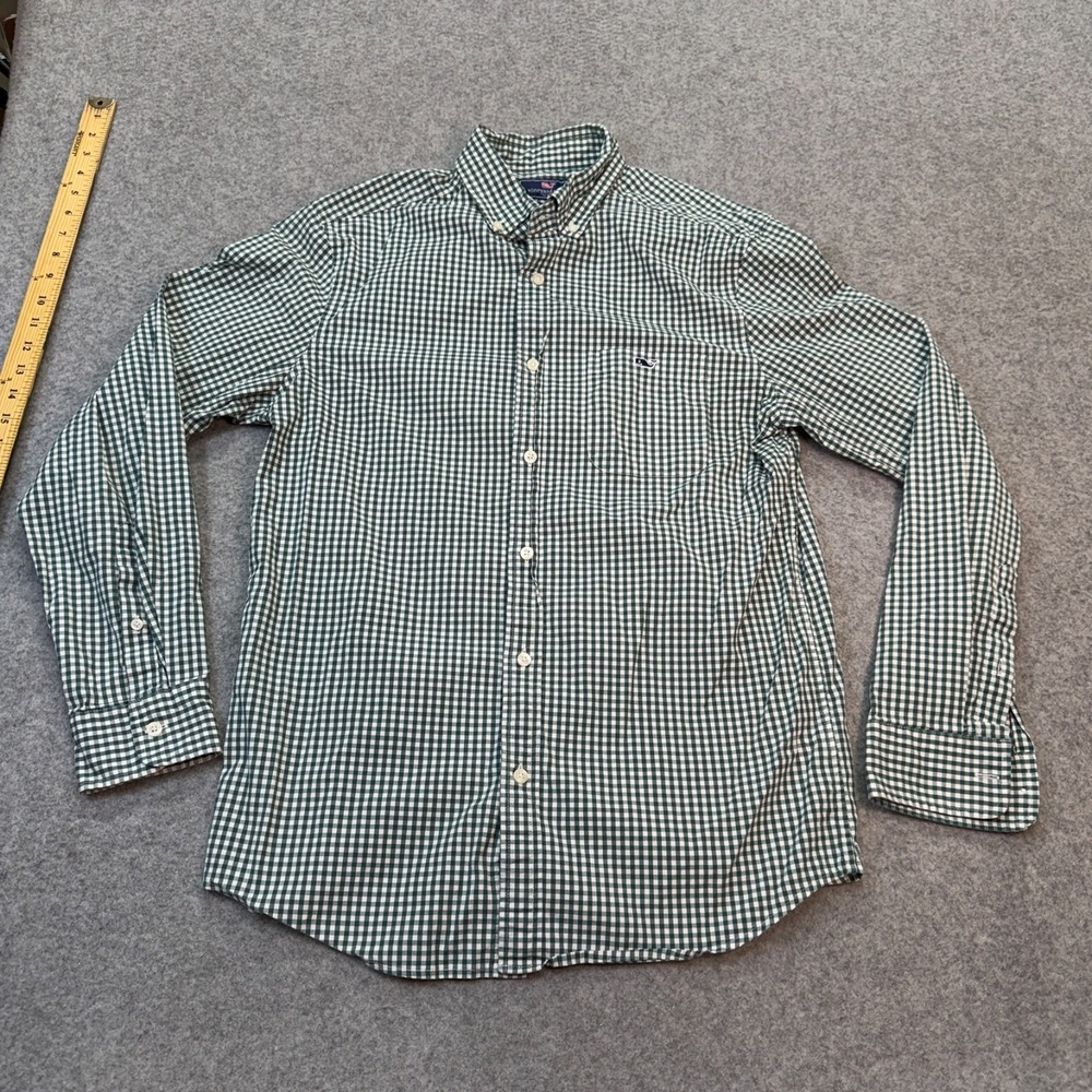 Vineyard Vines Mens Medium Tucker Shirt Green Gingham Stretch Cotton Whale Logo